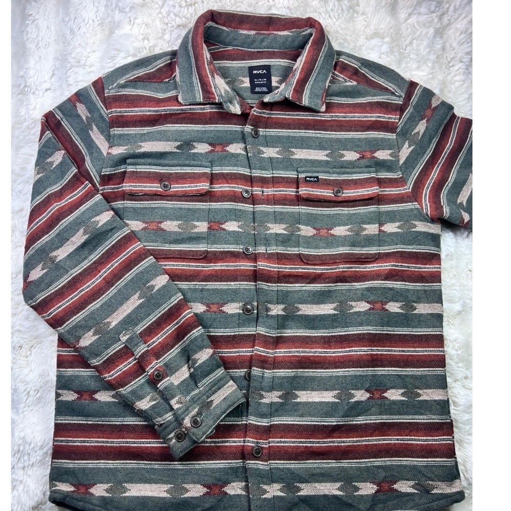 RVCA Mens XL Regular Fit Southwestern Flannel Shirt Green Red Geometric A37
